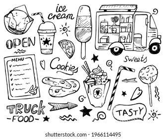 Truck food set. Ice cream, sweets and drinks. Vector background for menu and packaging of cafes and restaurants