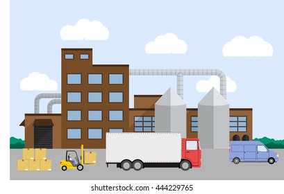 Truck and forklift loader near factory. Cargo loading. Industry product loading into truck. Vector illustration.