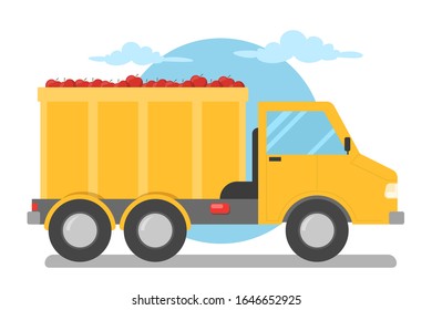 Coche con vectores de manzanas frescas aislados. Transporte de cosecha, coche amarillo en movimiento. Camión de frutas de granja.