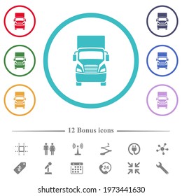 Truck front view flat color icons in circle shape outlines. 12 bonus icons included.