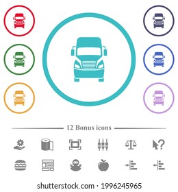 Truck front view flat color icons in circle shape outlines. 12 bonus icons included.
