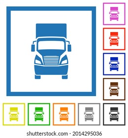 Truck front view flat color icons in square frames on white background