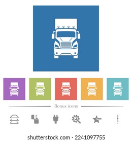 Truck front view flat white icons in square backgrounds. 6 bonus icons included.