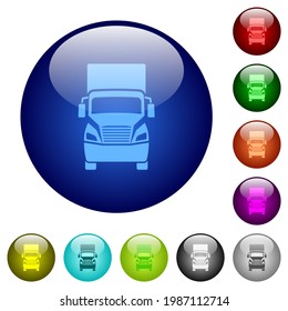 Truck front view icons on round glass buttons in multiple colors. Arranged layer structure