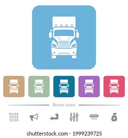 LKW-Frontansicht, weiße flache Symbole auf buntem, quadratischem Hintergrund. 6 Bonussymbole enthalten