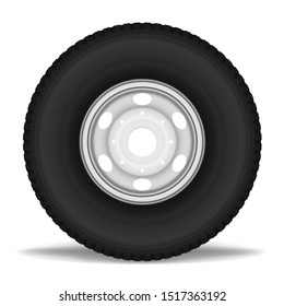 Truck front wheel isolated on white background, realistic vector illustration.