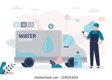 Truck Full Of Bottled Water For Customers. Deliveryman Holding Gallon Of Water On Shoulder. Courier Quickly Delivers Orders By Car. Guy Delivering Bottles With Liquid For Coolers. Vector Illustration