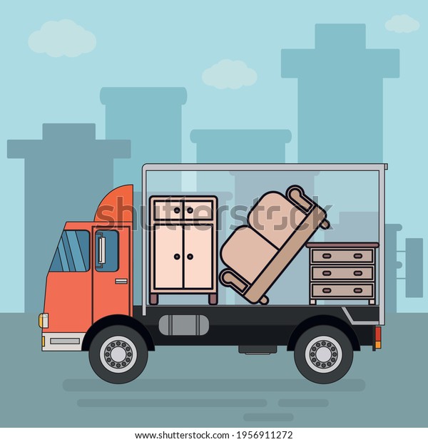A truck full of\
furniture inside. Delivery service, moving to a new home. Sofa,\
wardrobe, chest of drawers. The truck drives on the road past the\
city. Flat illustration
