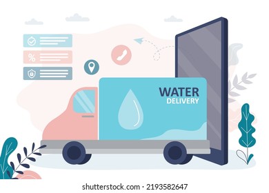 Truck Full Of Gallons Of Clean Water For Coolers. Company Supplies Bottled Water To Customers. Lorry Delivering Online Orders To Clients. Application For Ordering Clean Water. Fast Delivery To Home.