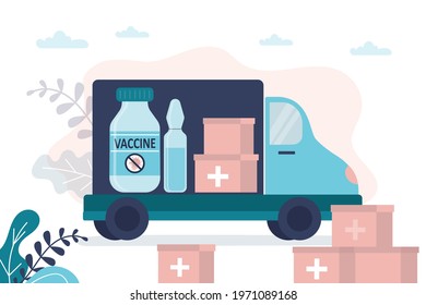 Truck full of medical supplies and cardboard boxes. Delivery of vaccines against coronavirus. Special transport for transporting antiviral drugs. Vaccine distribution by road. Flat vector illustration