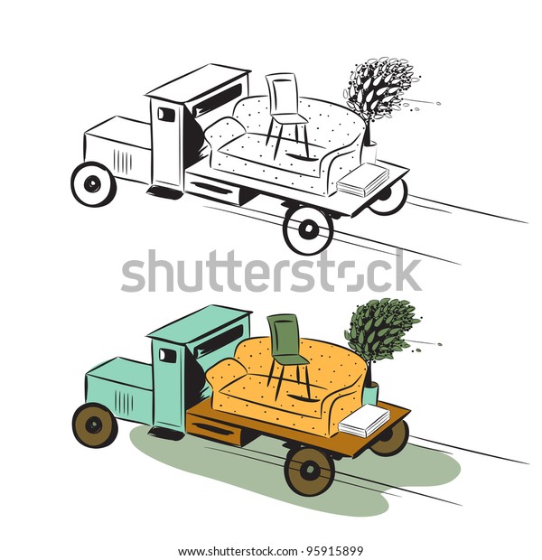 Truck with furniture, concept of moving. Colour\
image and sketch