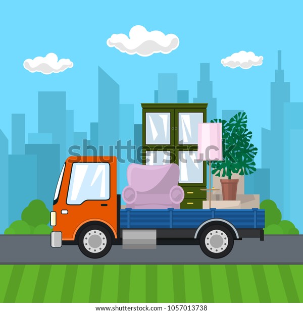 Truck with Furniture on the Background of\
the City, Transport Services and Logistics, Shipping and Freight of\
Goods, Vector\
Illustration