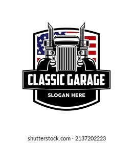 Truck garage inspiration logo design. Vector illustration with the image of an old classic car, design logos, posters, banners, signage.