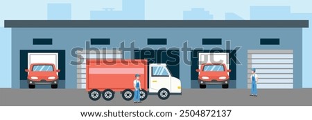 Truck garage vector illustration. Delivery truck illustration. Truck parking in garage. Storehouse transportation. Warehouse truck delivery. Warehouse transportation.