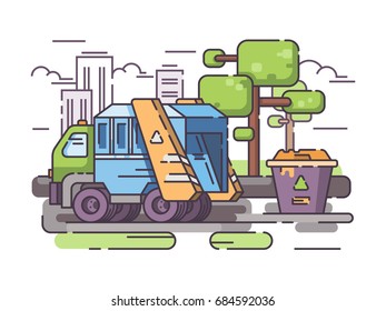 Truck garbage collect trash from container. Vector flat line illustration