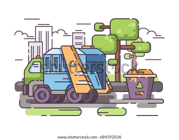 Truck garbage collect trash from container.
Vector flat line
illustration