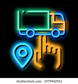 truck geolocation selection neon light sign vector. Glowing bright icon truck geolocation selection sign. transparent symbol illustration
