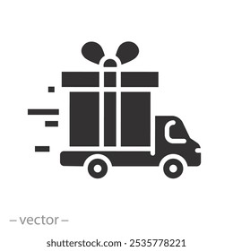 truck with gift box, delivery gift icon, flat vector illustration