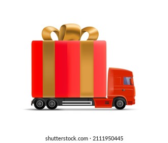 Truck with gift box. Holiday delivery concept. 3d vector illustration