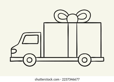 Camión con caja de regalo. Ilustración dibujada a mano por vectores.