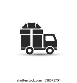 Truck and gift, vector. Delivery truck with gift box. Flat vector illustration.