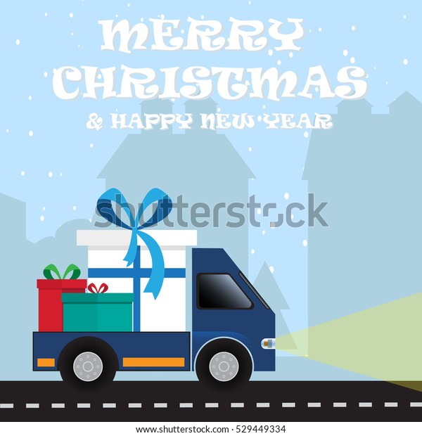 Truck with gifts. Christmas\
card