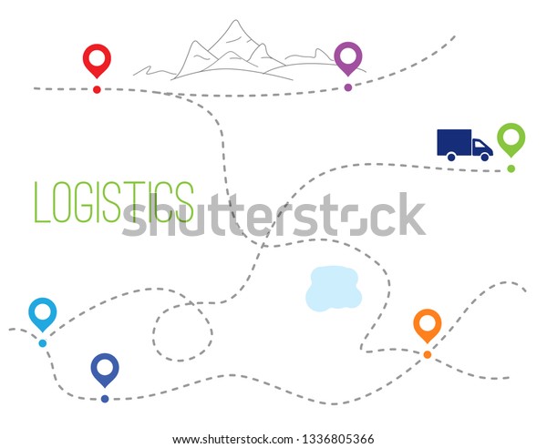 The truck goes from point to point past the\
lake and mountains. dotted trace and the direction of traffic. Flat\
vector outline style\
illustration.