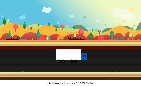 Truck going on the road. Food delivery on autumn landscape. Sunny autumn day in minimalistic style