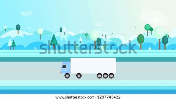 Truck going on the road. Food delivery
on winter landscape. Snowy day in minimalistic
style