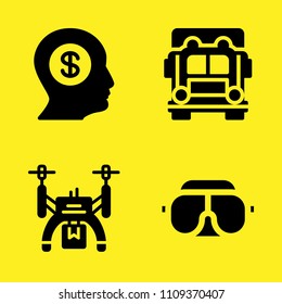 truck, googles, drone and user vector icon set. Sample icons set for web and graphic design