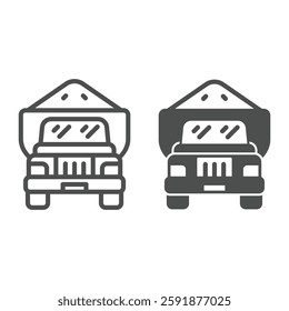 Truck with grain pile line and solid icon, wheat production concept. Vector graphics. Full of wheat grain truck sign on white background, outline style icon for mobile or web design