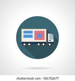 Truck with graphic advertising. Round flat color style icon