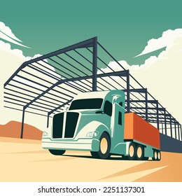 Truck graphic design, factory industry zone, construction transport, flat illustration, vector editable