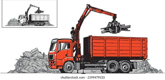 
Truck with grapple crane picking up metal scrap. Hand Drawn illustration