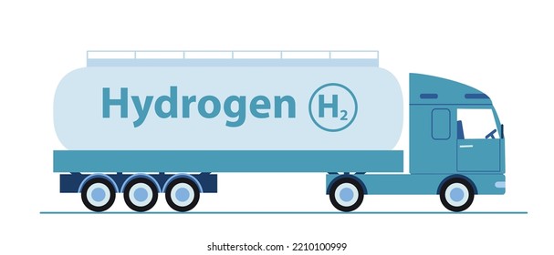 Truck with green hydrogen. Transportation of cargo and material for safe and waste free production of electricity. Responsible society, eco friendly poster or banner. Cartoon flat vector illustration