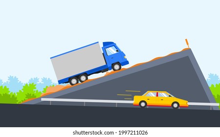 The truck had a faulty brake. Emergency safety area lane for trucks whose brakes fail on the mountain. vector illustration