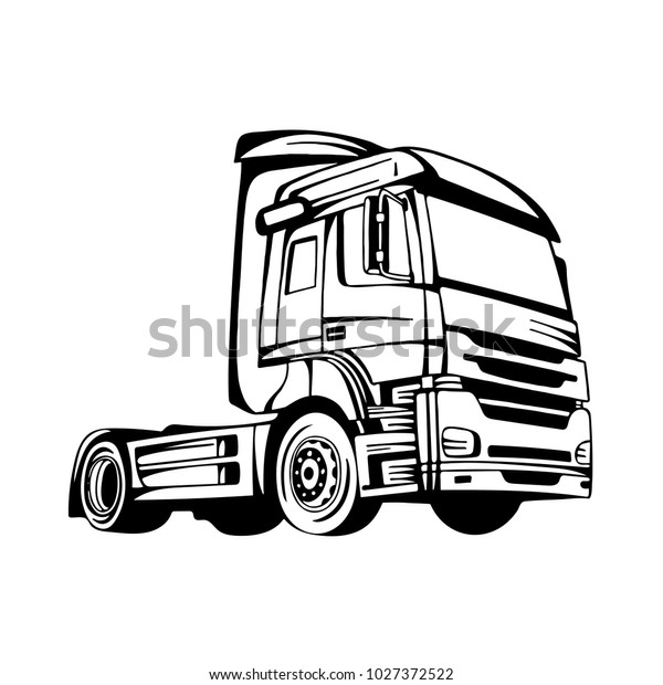Truck hand drawn black\
and white illustration.\
Truck silhouette, logo and icon.\
Cargo\
delivery vehicle.