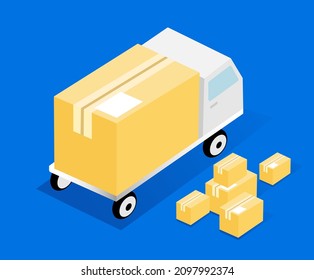 The truck has a delivery box and it's full of packages illustration set. Tape, delivery, gift, post office, truck. Vector drawing. Hand drawn style.