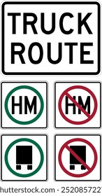 Truck and Hazardous Material Route Signs: Truck Routes, Hazardous Material Allowed or Prohibited, National Network Route and Restrictions. Road signs in the United States.