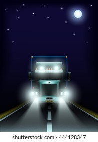 The Truck With Headlights On Night Road. Vector Illustration.