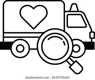 A truck with a heart on the side and a magnifying glass on the front