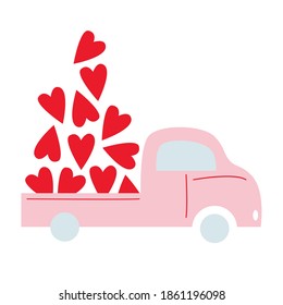 Truck with hearts illustration vector. Cartoon couple in love illustration in simple style. Valentine's day symbol. Icons winter holiday