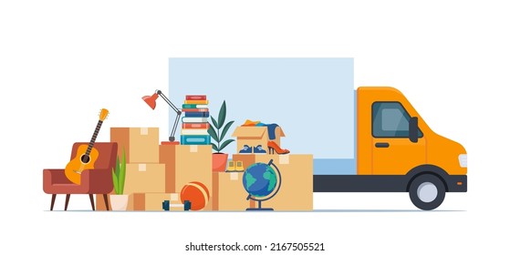 Truck and household items. Moving to new house. Relocated to new home. Boxes with goods. Package transportation. Things, clothes, furniture. Vector illustration