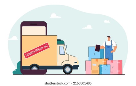 Truck With Humanitarian Aid Sign And Volunteer With Boxes. Van Coming Out Of Huge Cellphone Flat Vector Illustration. Charity, Donation, Assistance, Technology Concept For Banner Or Landing Web Page