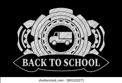 truck icon and Back to School text chalk realistic badge. Chalkboard handsome background. Illustration. 