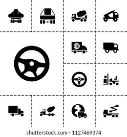 Truck icon. collection of 13 truck filled icons such as concrete mixer, crane, forklift, wheel, cargo plane back view. editable truck icons for web and mobile.