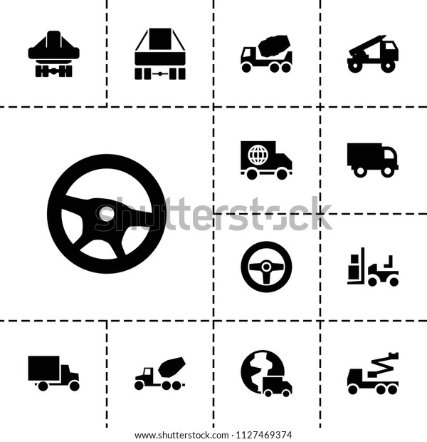 Truck icon. collection of 13 truck\
filled icons such as concrete mixer, crane, forklift, wheel, cargo\
plane back view. editable truck icons for web and\
mobile.