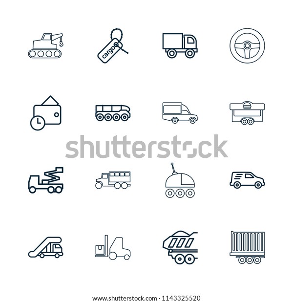 Truck icon.\
collection of 16 truck outline icons such as crane, cargo tag,\
delivery car, cargo trailer, wallet, tractor, wheel, van. editable\
truck icons for web and\
mobile.