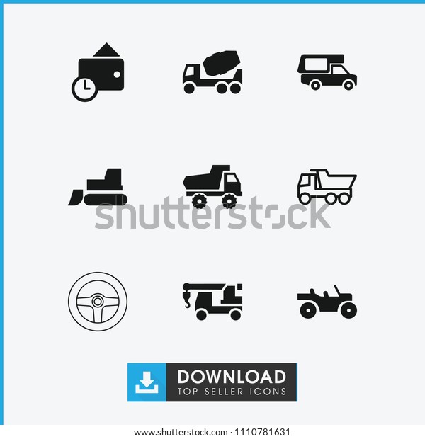 Truck icon. collection of 9 truck filled
and outline icons such as toy car, concrete mixer, tractor, wallet,
van. editable truck icons for web and
mobile.
