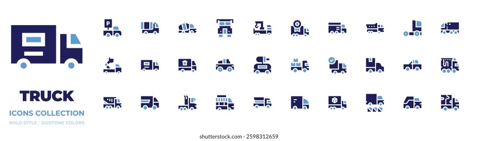 Truck icon collection Bold style Duotone colors. Vector, Frame, delivery truck, truck, crane, ladder, food, cement, lorry.